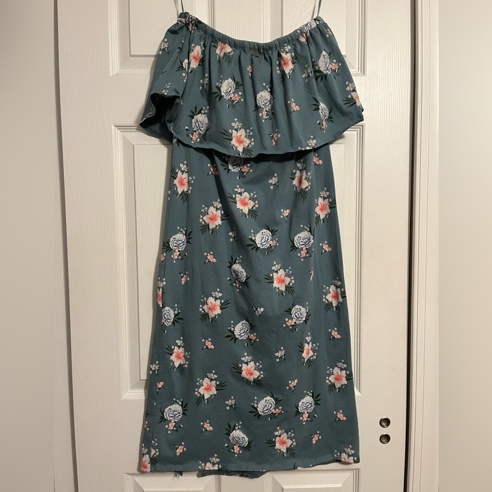 O’Neill ~ Green Floral Strapless Dress Front Side Slit Women’s Size Medium - Picture 5 of 5
